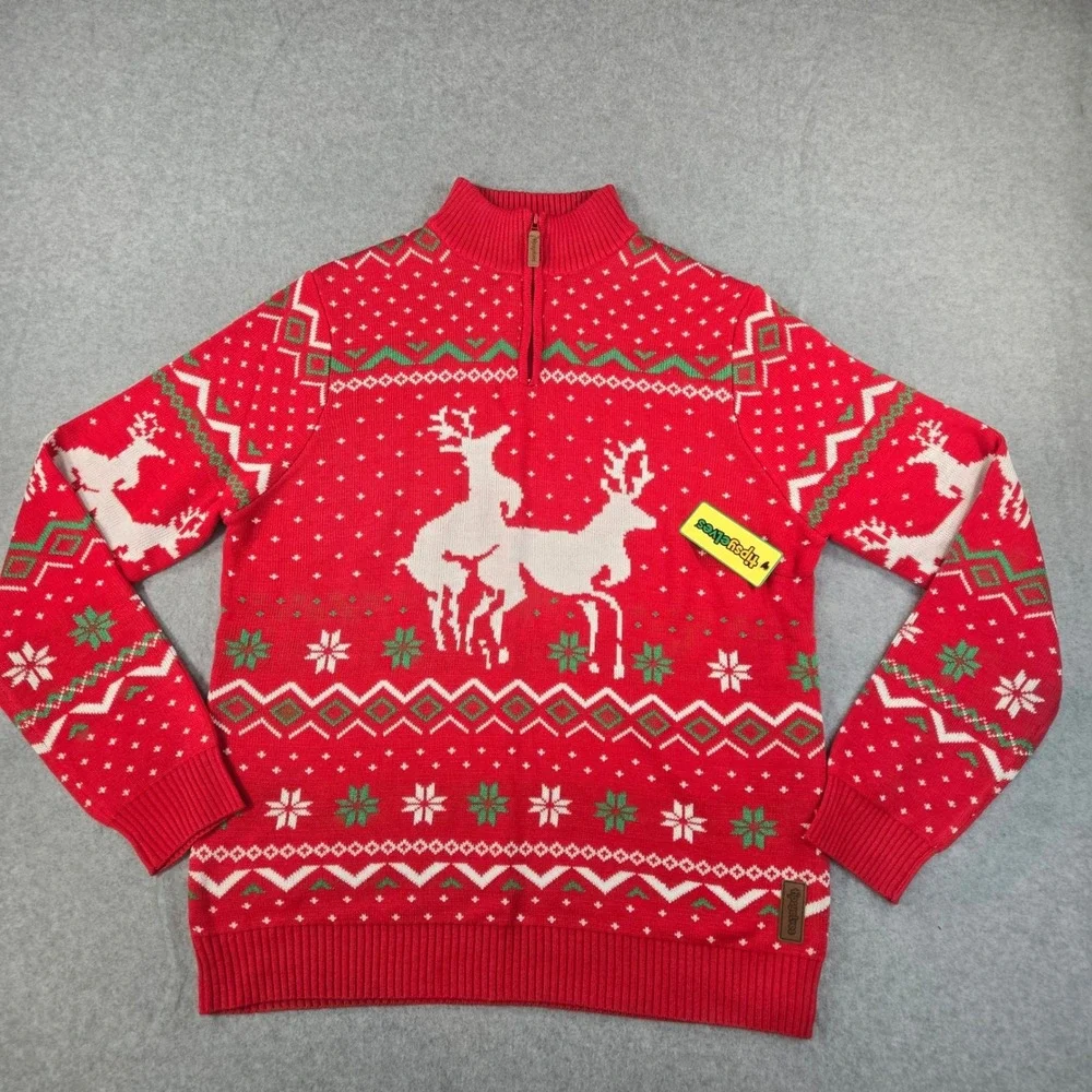 Tipsy Elves Mens Red Reindeer Fair Isle Quarter Zip Christmas Sweater Large NWT